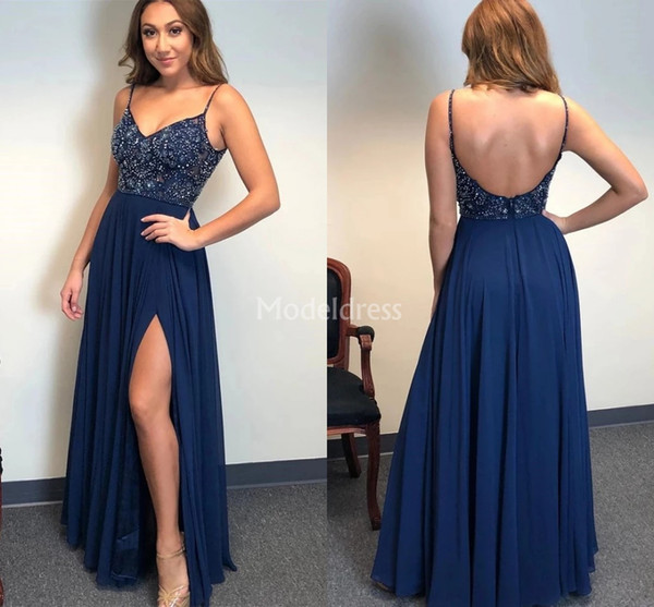 Sexy High Side Split Prom Dresses V-Neck Backless Beading Floor Length Formal Party Evening Gowns Modern Special Occasion Dresses Vestidos