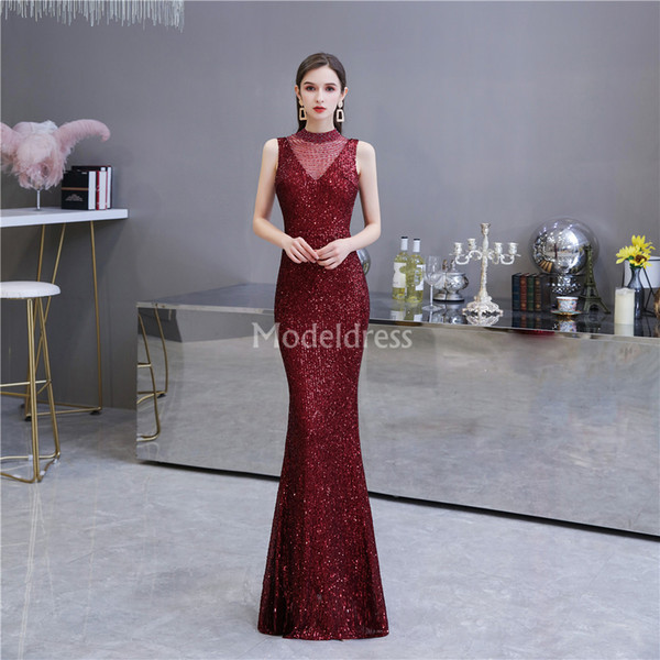 Sexy Sequined Mermaid Prom Dresses Illusion Beading Open Back Floor Length Shiny Formal Party Evening Gowns Special Occasion Dresses Vestdio