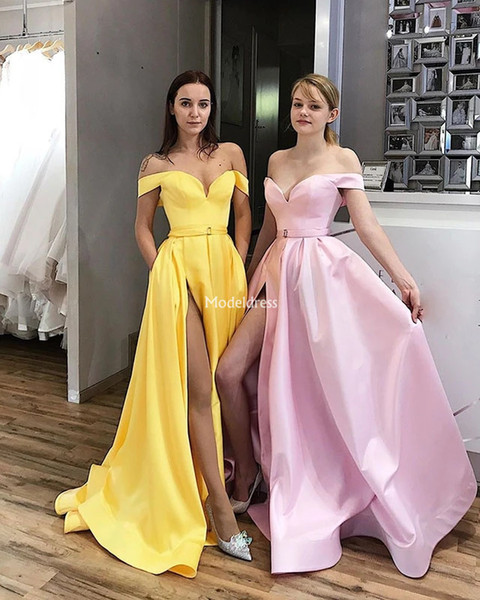 Sexy High Side Split Prom Dresses Off Shoulder Sweep Train Formal Party Evening Gowns Hot Special Occasion Dresses Modern Vestidos De Fiesta