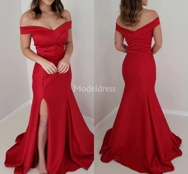 Sexy Red Side Split Mermaid Prom Dresses Off Shoulder Sweep Train Formal Party Evening Gowns Special Occasion Dresses Hot Vestidos De Fiesta