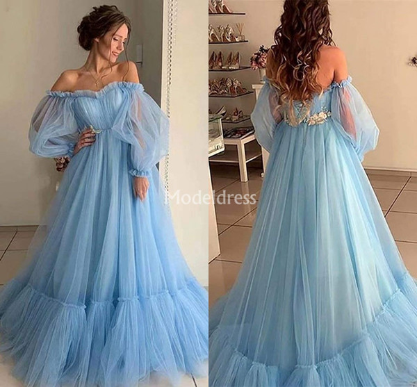 New Bohemian Prom Dresses Off Shoulder Open Back Illusion Long Sleeves Sweep Train Special Occasion Dresses Cheap Formal Party Evening Gowns