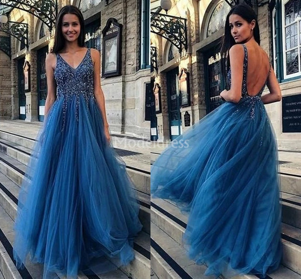 Luxury Prom Dresses V-Neck Beads Backless Crystals A Line Sweep Train Tulle Special Occasion Dresses Sexy Formal Party Evening Gowns Vestido