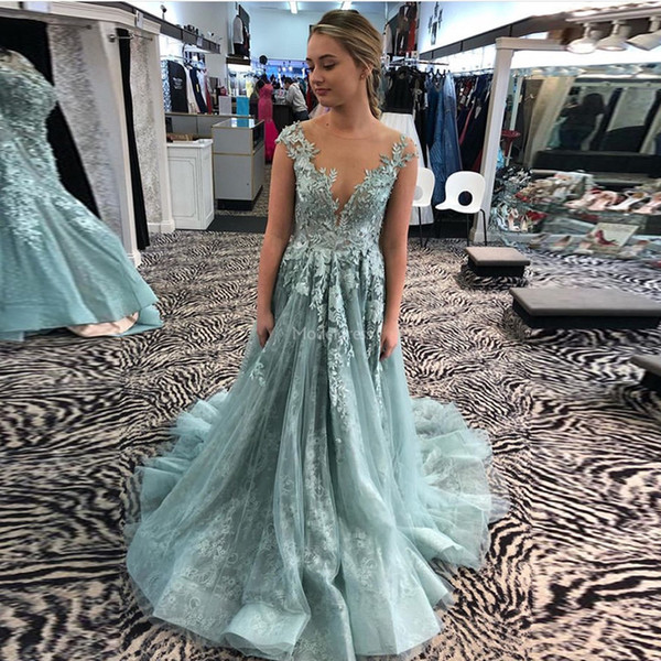 Gorgeous Lace Prom Dresses Sheer Neck Appliques Illusion A Line Sweep Train Formal Party Evening Gowns Charming Formal Party Evening Dresses