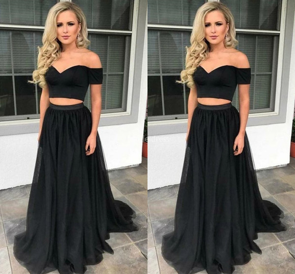 Modern Two Pieces Black Prom Dresses Off Shoulder Short Sleeves A Line Sweep Train Special Occasion Dresses Cheap Formal Party Evening Gowns