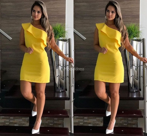 Modern Yellow Short Sheath Prom Dresses One Shoulder Mini Formal Party Evening Gown Cheap Cocktail Dress Sexy Special Occasion Dress Vestido