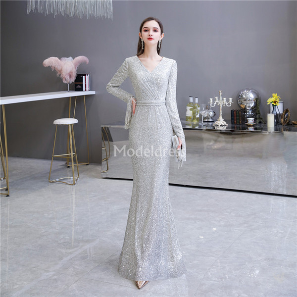 New Arrival Sequined Tassel Prom Dresses V-Neck Sweep Train Formal Party Evening Gowns Shiny Special Occasion Dresses Hot Vestidos De Fiesta