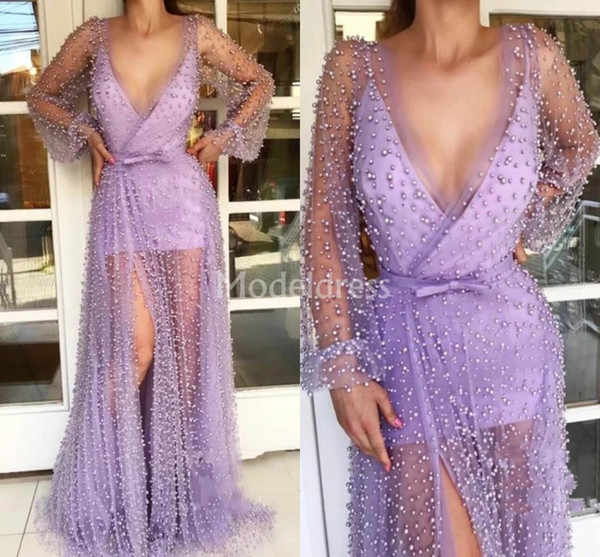 Unique Design Prom Dresses Deep V-Neck Illusion Long Sleeves High Side Split Pearls Special Occasion Dress Stylish Formal Party Evening Gown