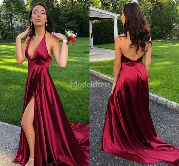 Sexy High Side Split Prom Dresses Halter Backless Sweep Train Formal Party Evening Gowns Special Occasion Dresses Stylish Vestidos De Fiesta