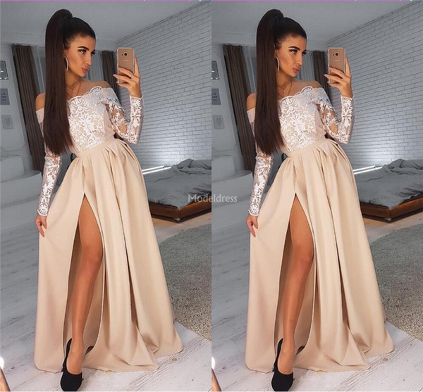 Elegant Lace Prom Dresses With Illusion Long Sleeves High Side Split Special Occasion Dress Plus Size Formal Party Evning Gown Vestidos