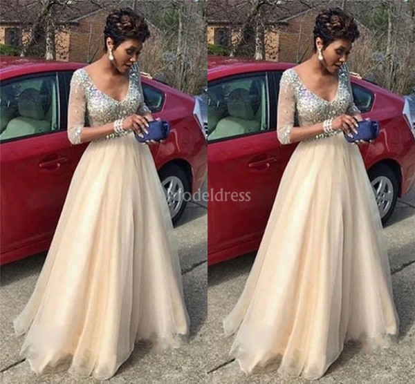 Charming Prom Dresses V-Neck Illusion Half Sleeves Sweep Train Crystals Sexy Special Occasion Dresses Elegant Formal Party Evening Gown