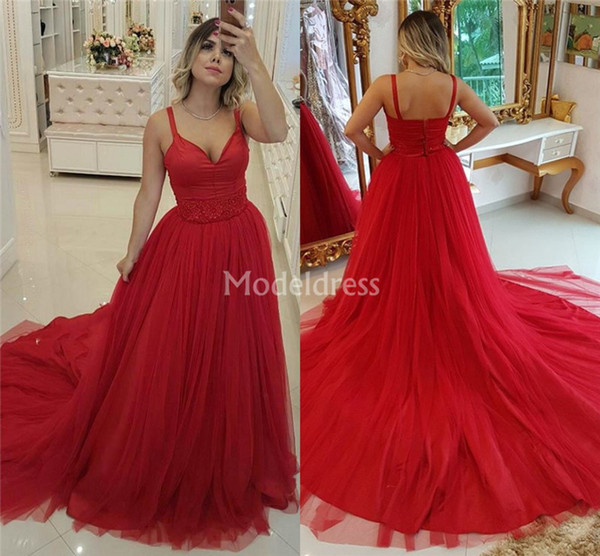 Gorgeous Prom Dresses Deep V-Neck Backless Sweep Train Tulle Special Occasion Dress Eelegant Plus Size Cheap Formal Party Evening Gowns