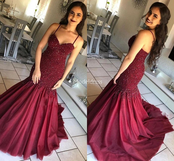 Burgundy Mermaid Prom Dresses Spaghetti Open Back Sweep Train Beading Appliques Formal Party Evening Gowns Special Occasion Dresses Vestidos