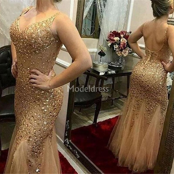 Luxury Gold Mermaid Evening Dresses Beaded Crystal V-Neck Backless Major Beading Hot Special Occasion Dress Charming Formal Party Prom Gowns