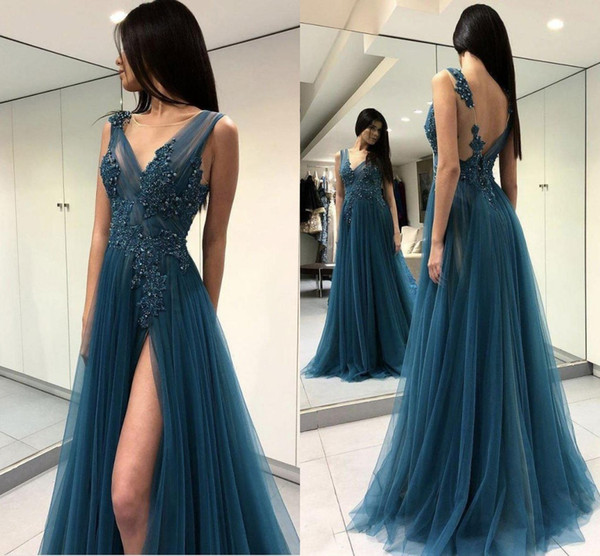 Sexy High-Thigh Slits Prom Dresses Sheer Neck Backless Sweep Train Appliques Beads Long Formal Evening Party Gowns Special Occasion Dress