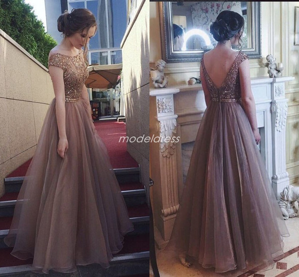 Crystal Brown Prom Dresses Backless Jewel Floor Length Beads Long Formal Evening Party Gowns Special Occasion Dress Plus Size