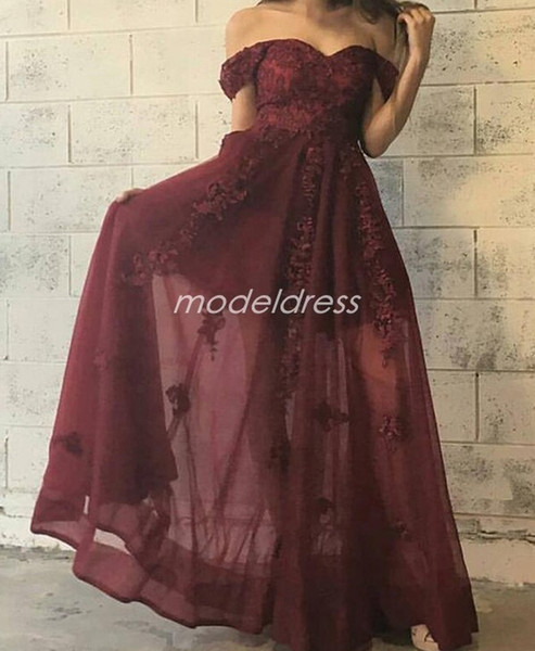 Burgundy Charming Prom Dresses Off Shoulder Backless Illusion Bodice Appliques Long Formal Evening Party Gowns Special Occasion Dress