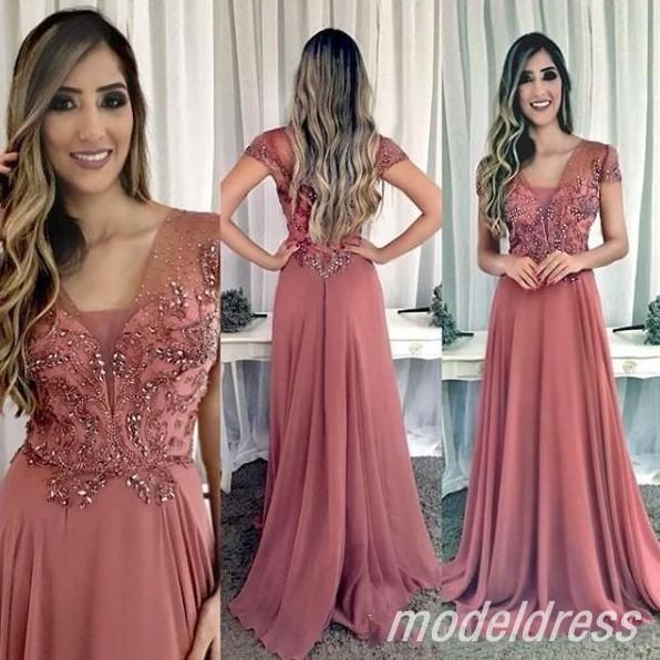 Arabic Prom Dresses A Line V Neck Cap Sleeve Sweep Train Crystal Beads Chiffon Long Formal Evening Party Gowns Special Occasion Dress