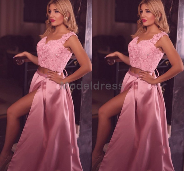 Sexy Pink Two Piece Prom Dresses High Side Split V-Neck Spaghetti Dresses Evening Wear Custom Made Arabic Long Cheap