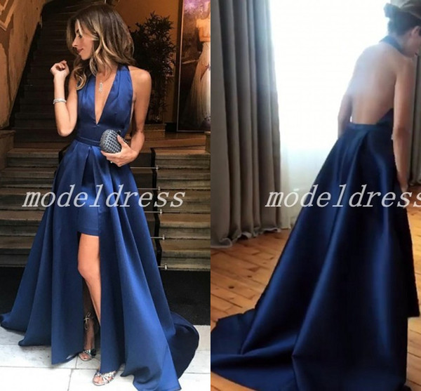 Dark Navy Backless Prom Dresses Halter Deep V Neck Front Split Backless Sweep Train Formal Evening Party Gowns Special Occasion Dress