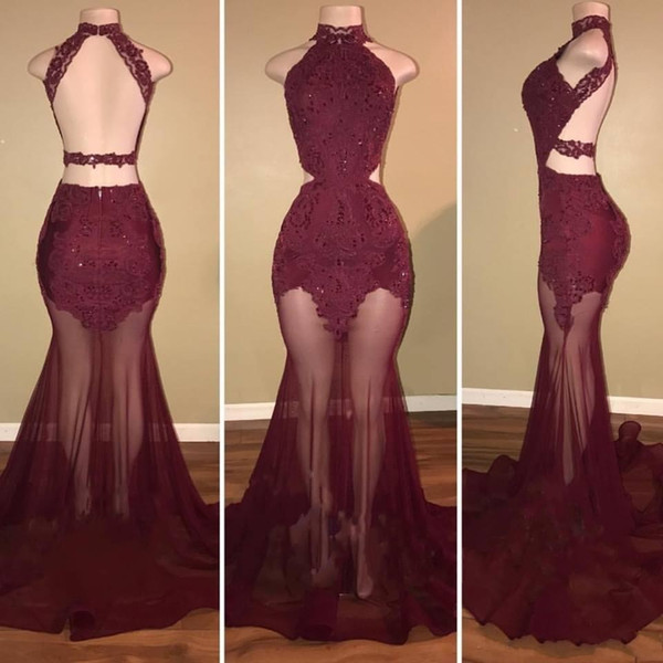 Sexy Mermaid Burgundy Prom Dresses High Neck Backless Appliques Sweep Train Special Occasion Dresses See Through Evening Party Gowns