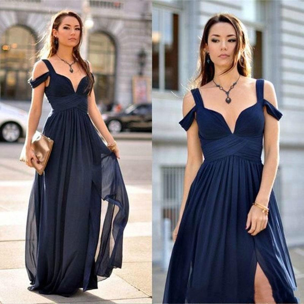 abiti da ballo Dark Navy Prom Dresses Spaghetti Side Split Floor Length Chiffon Draped Formal Evening Party Gowns Special Occasion Dress