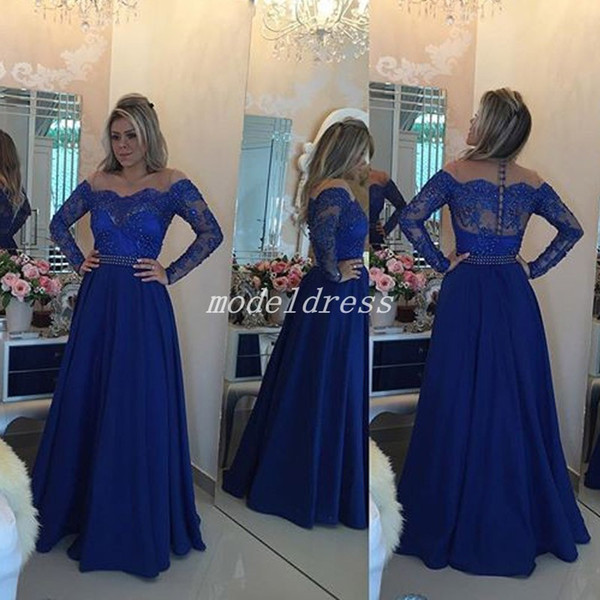 Blue Long Sleeve Prom Dresses Sheer Neck Appliques Beads Sash Long Formal Evening Party Gowns Special Occasion Dress Plus Size