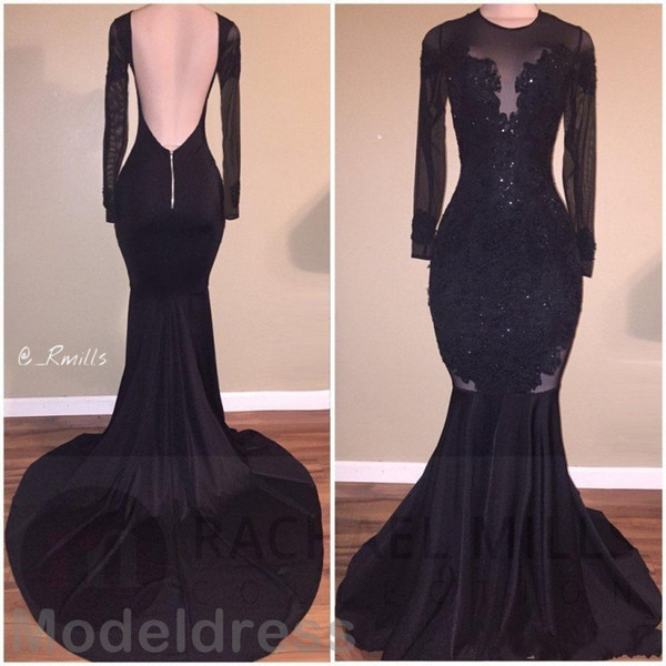 Black Sexy Cheap Mermaid Prom Dresses Open Back Sheer Jewel Long Sleeve Appliques Beaded Sweep Train Arabic Evening Party Gowns Plus