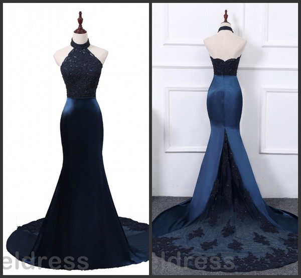 Mermaid Prom Dresses Dark Navy Halter Backless Sweep Train Appliques Beaded Cheap Sexy Evening Party Gowns African