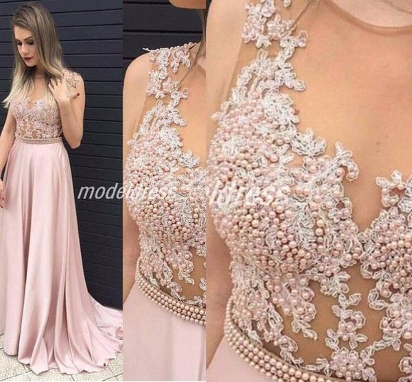 abiti da ballo Pink Prom Dresses Sheer Neck A Line Appliques Beads Long Formal Evening Party Gowns Plus Size Special Occasion Dress