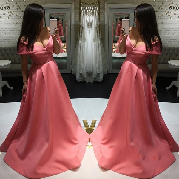 Simple Water Melon Prom Dresses Off Shoulder Pleats A Line Long Modest Satin Evening Party Gowns Plus Size Cheap Customized