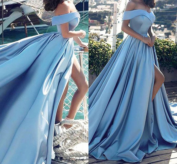 Off Shoulder High Split Prom Dresses Side Slit A Line Sweep Train Light Sky Blue Evening Party Gowns Cheap Plus Size Customized