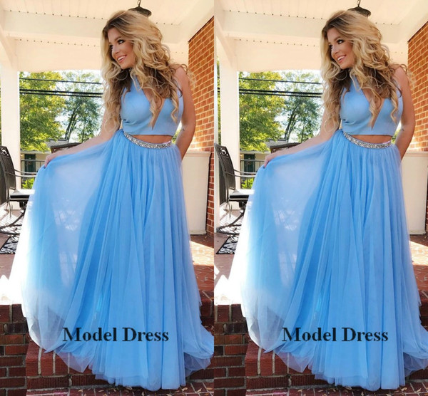 Stunning Light Sky Blue Two Piece Prom Dresses Sequined Waist Deep V Neck Tulle A Line Party Dresses Long Vestidos De Fiesta 