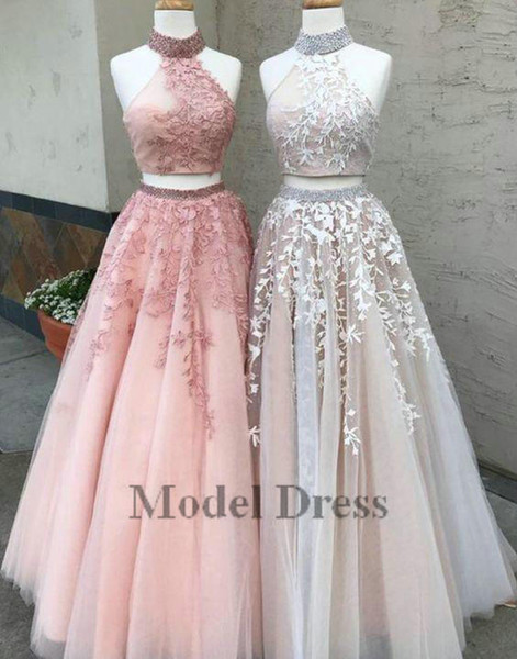 Fashion Two Piece Prom Dresses A Line Tulle Appliques Beaded Neck Elegant Women Evening Gowns Vestidos De Fiesta abendkleider