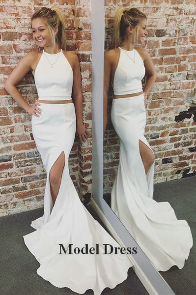 Sexy Mermaid White Two Piece Prom Dresses with Train Satin Side Split Custom Made Cheap Party Dresses Jewel Collor 