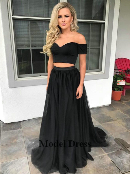 Black Two Piece Prom Dresses Off the Shoulder Sweetheart Short Sleeve A Line Floor Length Tulle Evening Gowns Cheap Price High Quality