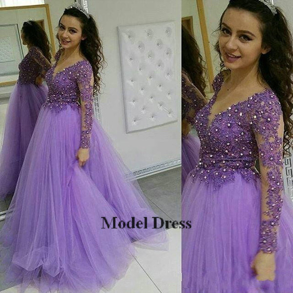 Tulle Illusion Long Sleeve Prom Dresses A Line Floor Length V Neck Lace Appliques Crystals Sequined Girl's Pageant Dresses 