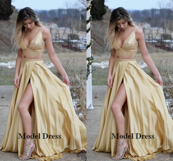 Sexy Two Piece Gold Prom Dresses Sequined Beading Sparkly V Neck Front Split A Line Party Dresses Long Vestidos De Fiesta