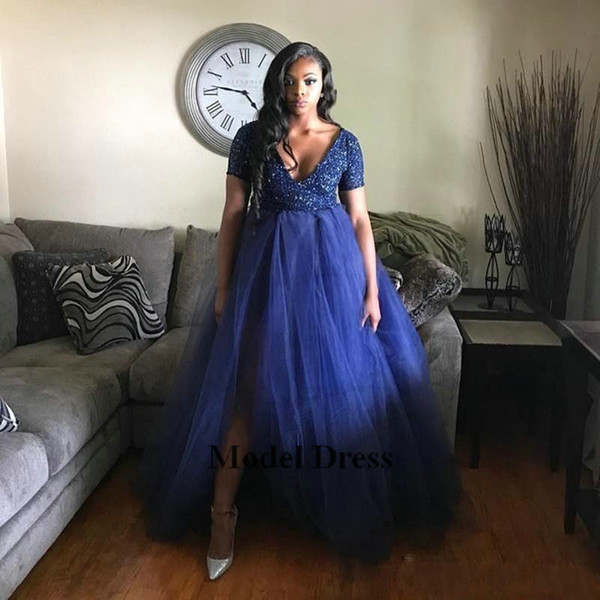 Sequined Royal Blue Prom Dresses Long V Neck Tulle Short Sleeve Side Split Elegant Formal Party Dresses Custom Made