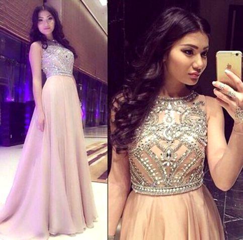 Modest Crystal Prom Dresses Jewel Beading A Line Floor Length Blush Pink Black Girl Evening Pageant Party Gowns Vestidos Customized