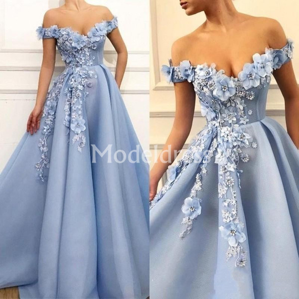 Beading Long Prom Dresses A-Line Off Shoulder Sweep Train Party Gowns Appliques Custom Made Vestidos Luxury Hand Flowers Evening Dresses New