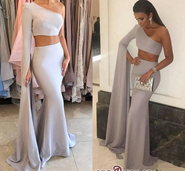 Modest Two Pieces Prom Dresses One Shoulder Long Sleeve Mermaid Long Sexy Silver Evening Pageant Party Gowns Cheap Custom Made