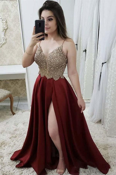 Elegant Burgundy Prom Dresses High Side Split V-Neck Sleeveless A Line Beaded Sweep Train Formal Evening Party Gowns Vestidos De Fiesta