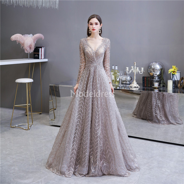 Modern V-Neck Prom Dresses With Illusion Long Sleeve Sweep Train Formal Party Evening Gowns Plus Size Special Occasion Dresses Sexy Vestidos