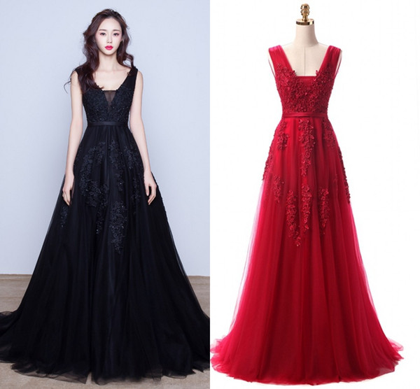 Amazing 2022Wine Red Navy Blue Prom Dresses V Neck Appliques Backless Modest Party Pageant Special Occasion Gowns Cheap In Stock Real Image