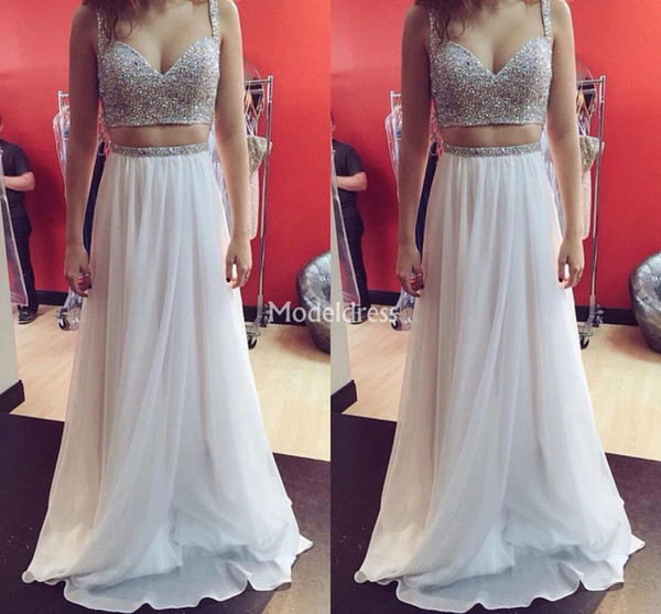 Stylish Two Pieces Prom Dresses Bead Sweep Train Chiffon Crystals Formal Party Evening Gown Modern Special Occasion Dress Vestidos De Fiesta