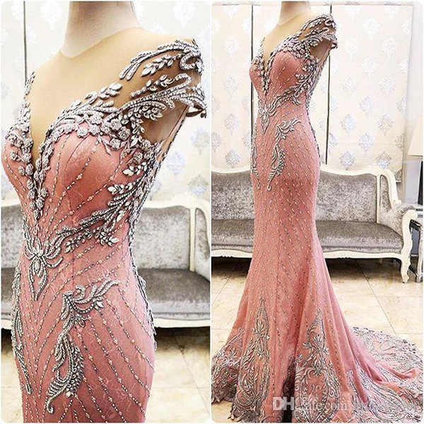 Luxury Real Image Pink Prom Dresses Sheer Neck Crystal Major Beading Short Sleeve Mermaid Vintage Formal Red Carpet Evening Party Gowns