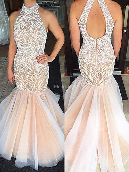 Charming Mermaid Prom Dresses Beads Crystal Open Back Biling Sweep Train Elegant Formal Party Prom Gowns Classic Special Occasion Dress