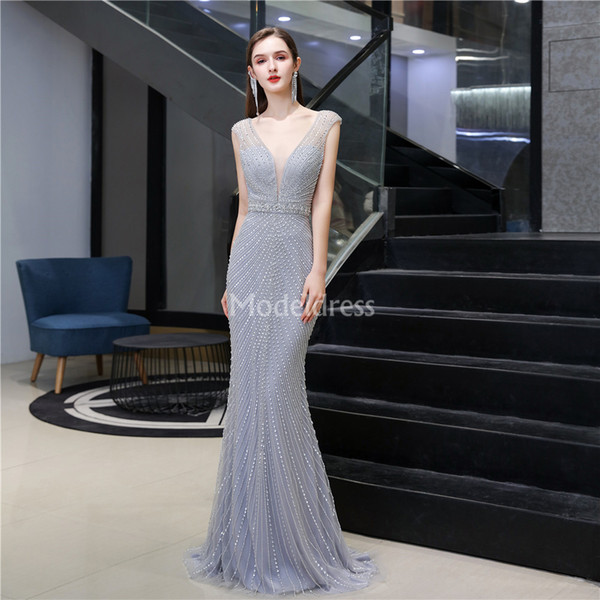 Mermaid Prom Dresses V-Neck Open Back Crystals Sweep Train Formal Party Evening Gowns Major Beading Special Occasion Dresses Vestidos