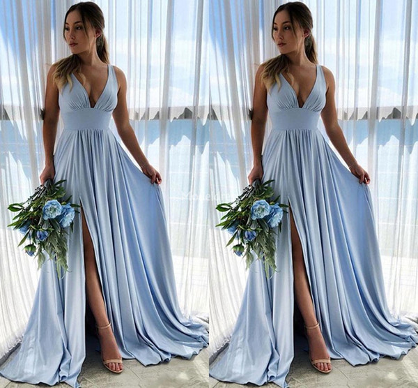 Modern Prom Dresses Deep V-Neck Pleated High Side Split Sweep Train Party Gowns Elegant Special Occasion Dresses Simple Evening Dresses