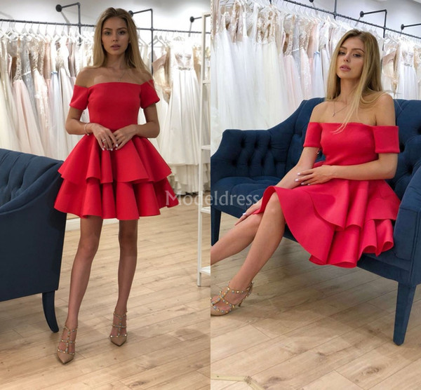 2022Short Tiered Prom Dresses Off Shoulder Short Sleeves A Line Mini Formal Party Evening Gown Chic Vestidos De Fiesta Cheap Cocktail Dress